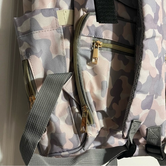 Shiada brand diaper bag backpack with a camouflage pattern in grey, pink, &white - Picture 7 of 15